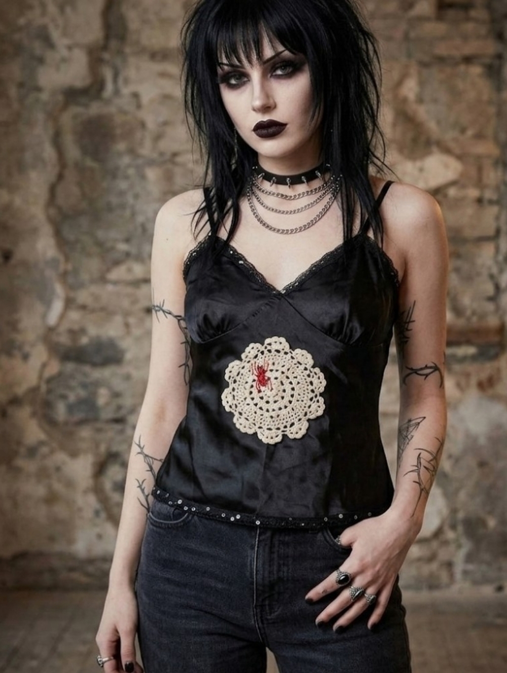 Spider in web Black cami tank top S upcycled goth Halloween Mortitia